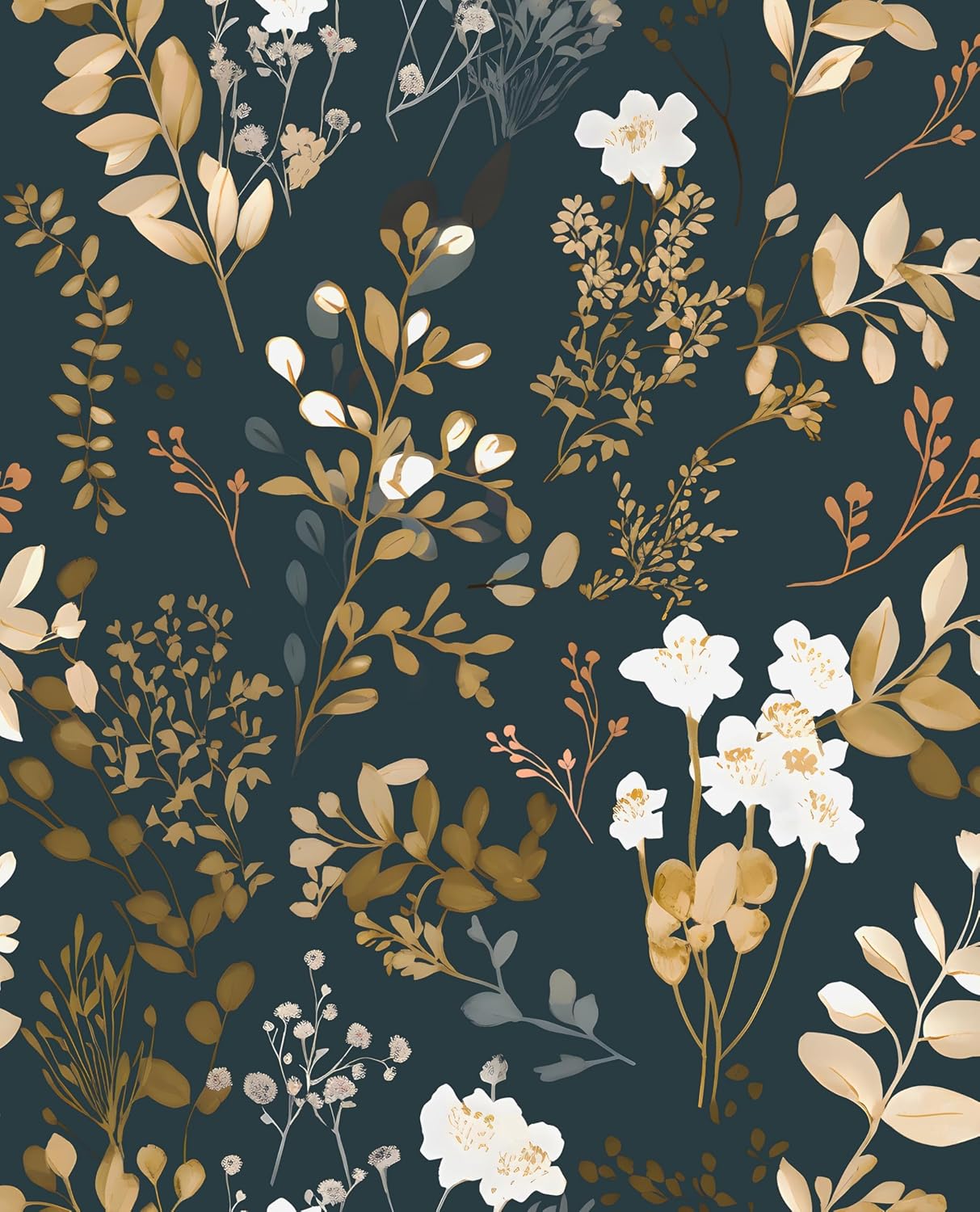 Laatse Vintage Wallpaper Peel and Stick Black Floral Wallpaper 17.5'' x 393'' Gold Leaf Contact Paper Vinyl Waterproof Self Adhesive Boho Botanical Wall Paper for Bedroom Shlef Cabinet Décor