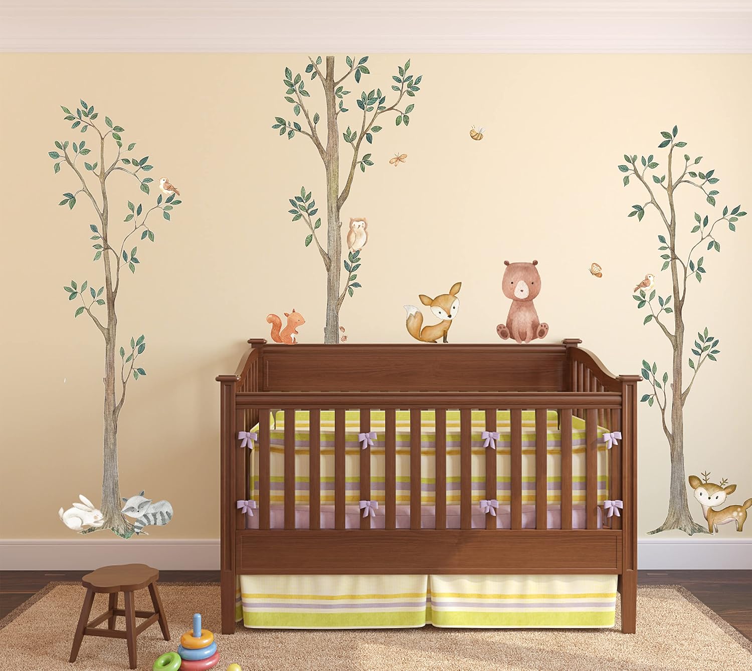 InnovativeStencils, Woodland Watercolor Wall Tree Decals Fabric Animal Birch Creatures - Bear, Fox, Raccoon, Rabbit, Squirrel, Owl Nursery Décor Stickers #3115 (72In Tall)