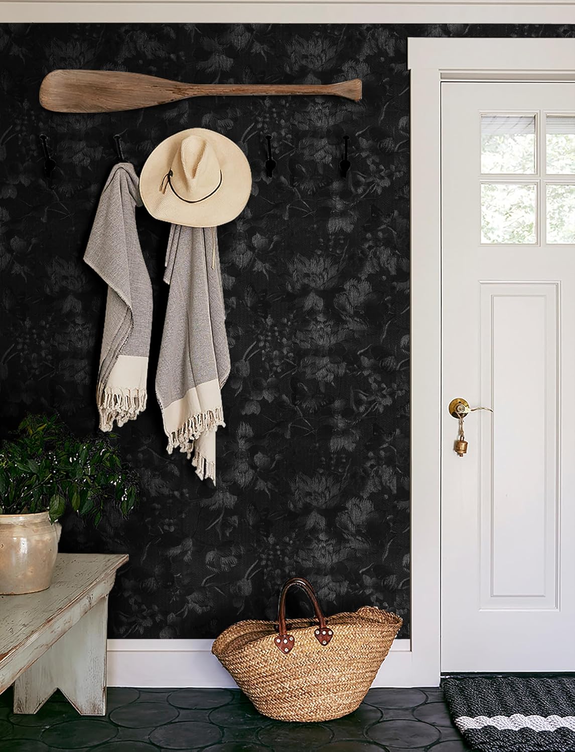 Erfoni 394"x15.7" Black Floral Embossed Wallpaper for Bedroom Decorative DIY Peel and Stick Wallpaper Flower Textured Removable Contact Paper Vintage Pure Black Self Adhesive Wall Paper Vinyl Roll