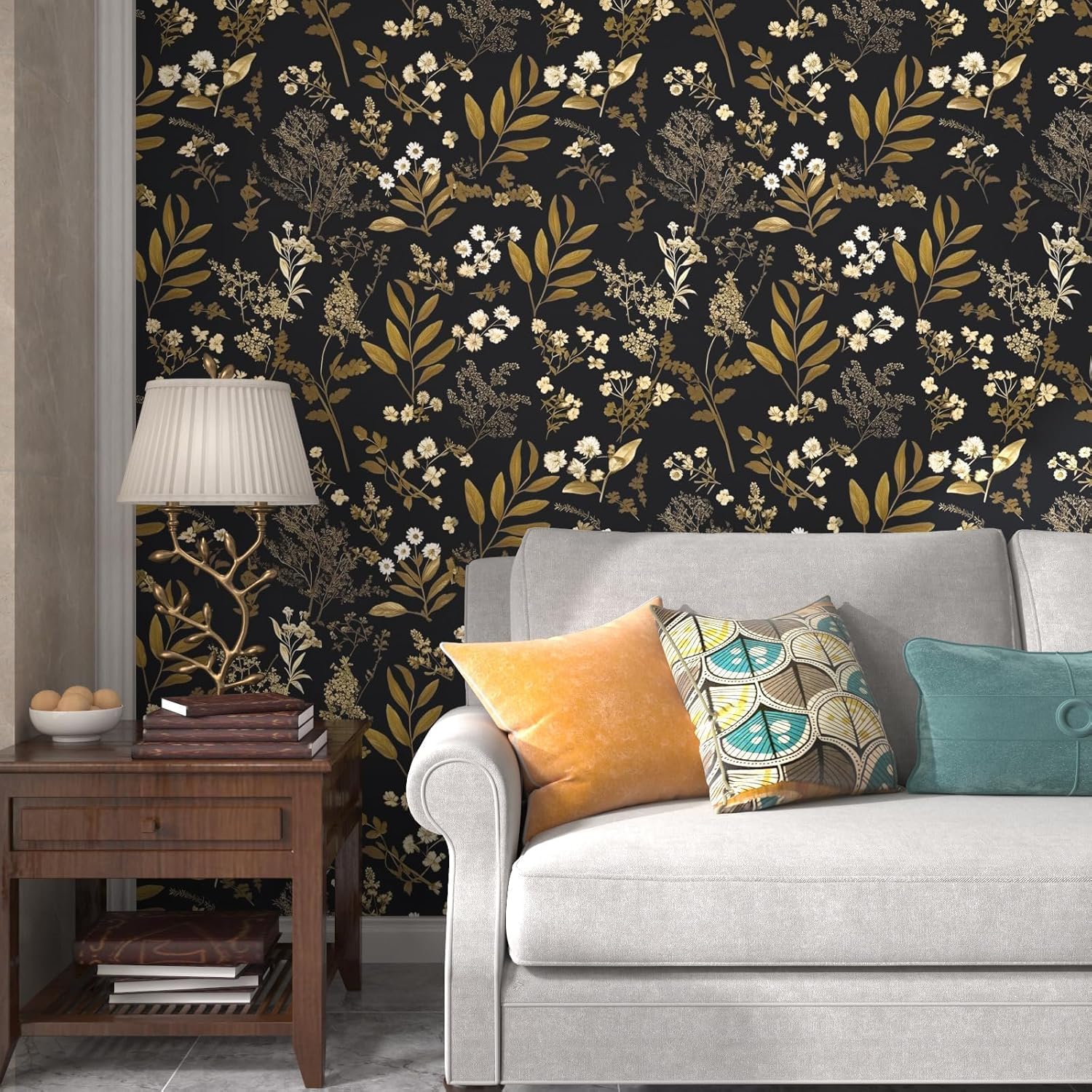 Laatse Vintage Wallpaper Peel and Stick Black Floral Wallpaper 17.5'' x 393'' Gold Leaf Contact Paper Vinyl Waterproof Self Adhesive Boho Botanical Wall Paper for Bedroom Shlef Cabinet Décor