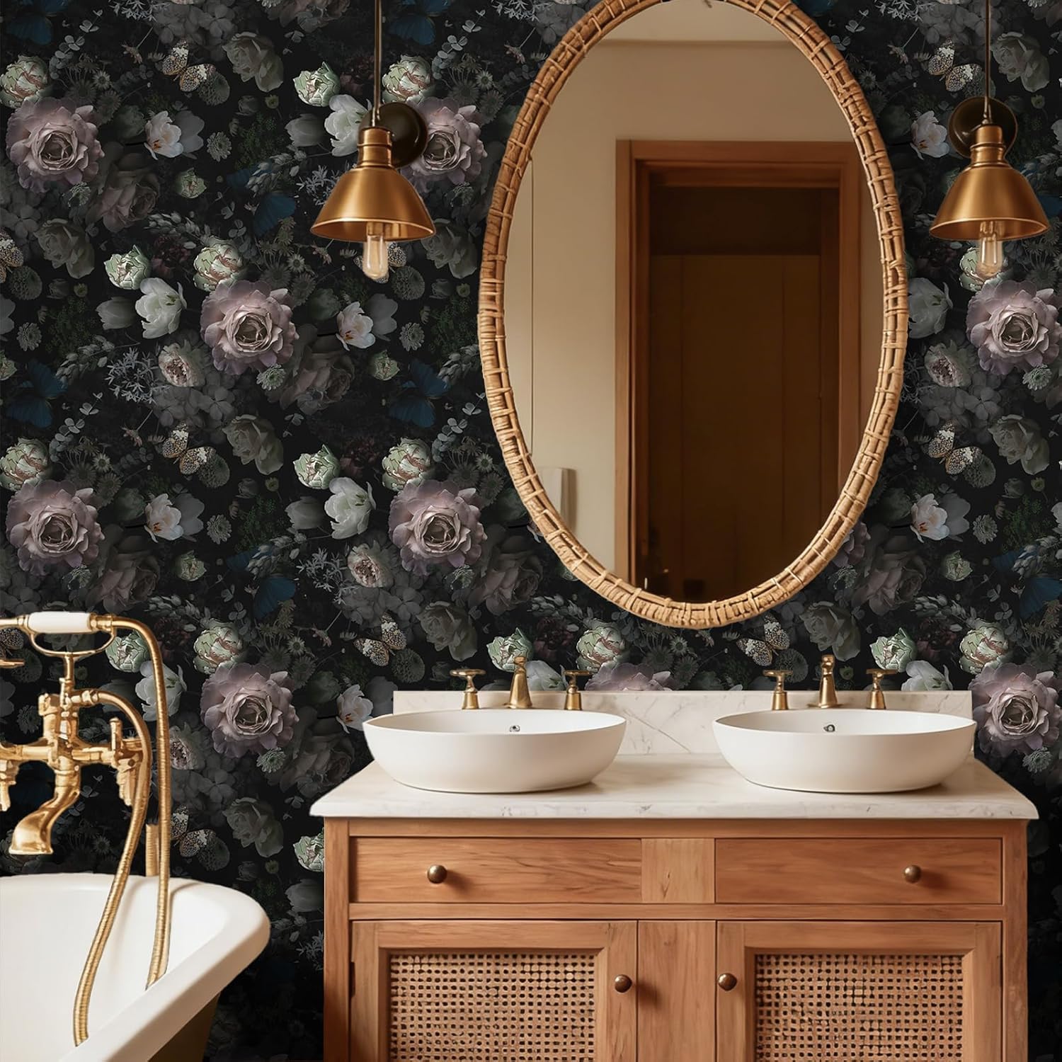 VEELIKE Moody Floral Peel and Stick Wallpaper Vintage Dark Floral Wallpaper for Bedroom Bathroom 17.7''x354'' Removable Self Adhesive Butterflies Flower Wall Paper for Living Room Accent Wall Mural