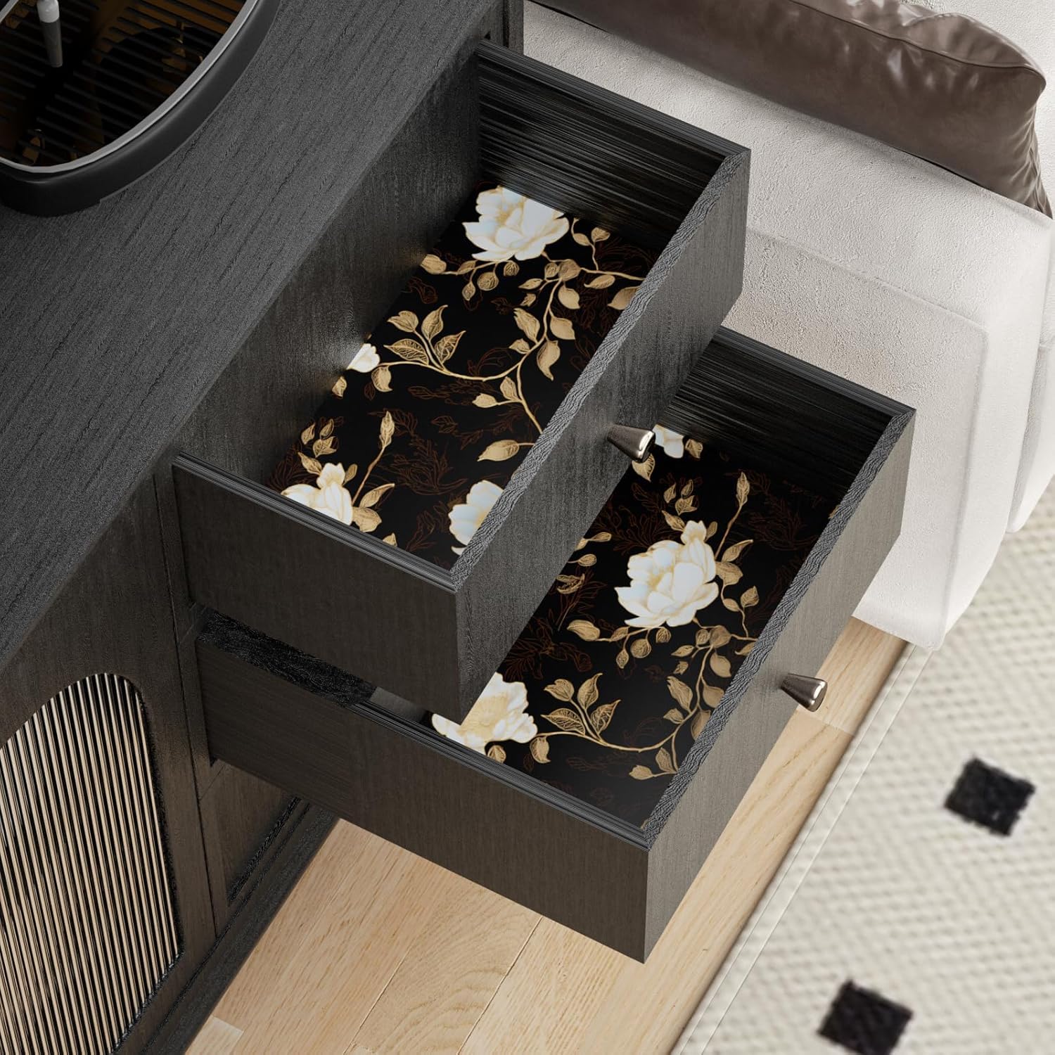 Laatse Black Golden Floral Peel and Stick Wallpaper Flowers Contact Paper 17.5" x 393" Self Adhesive Waterproof Vintage Dark Floral Wall Paper for Shelf Liner Cabinet Decor