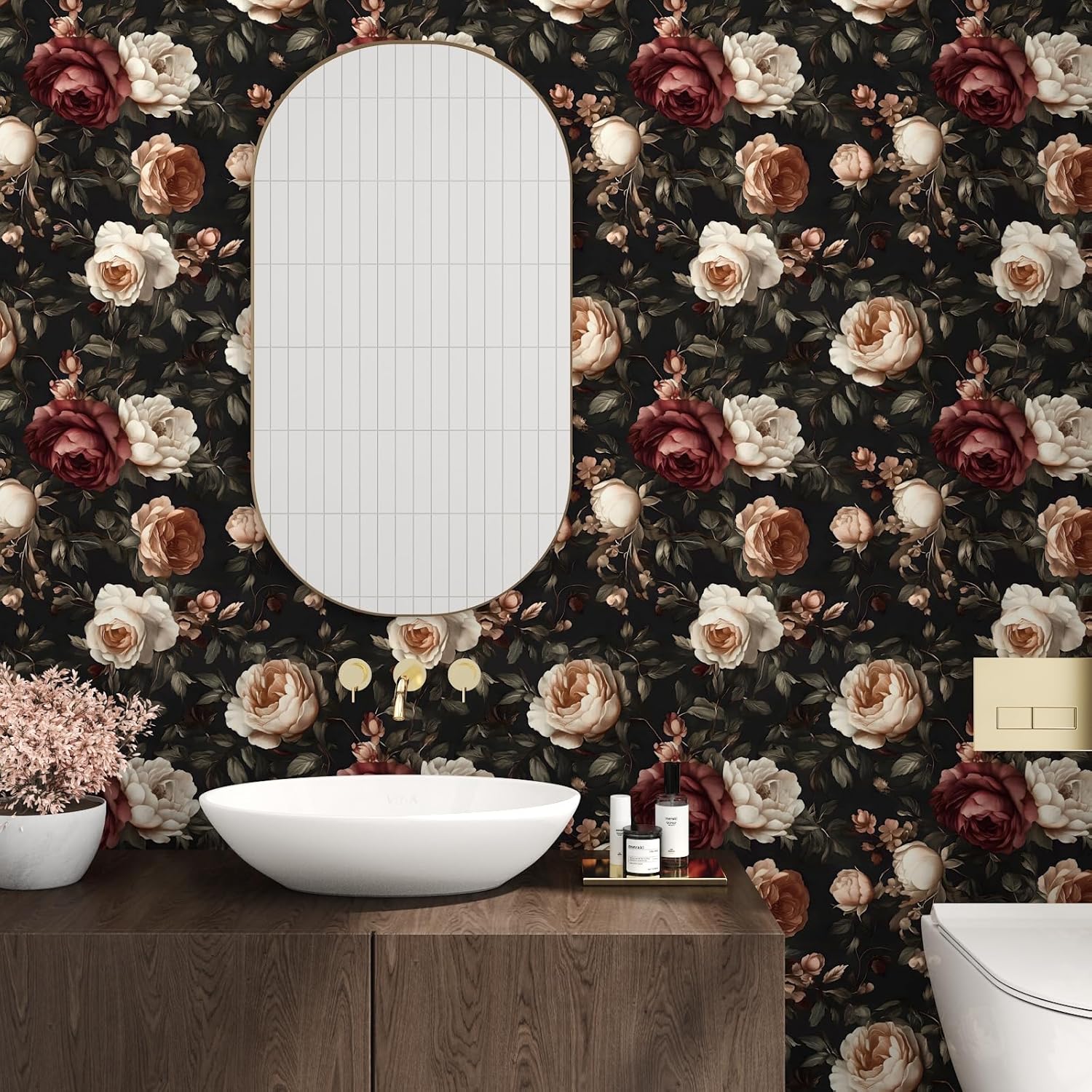 Dark Floral Wallpaper Peel and Stick, Vintage Black/White/Red Rose Contact Paper 17.5" x 393" , Retro Flowers Wall Paper Self Adhesive Waterproof Removable for Room Shelves Cabinet Drawer Table Decor