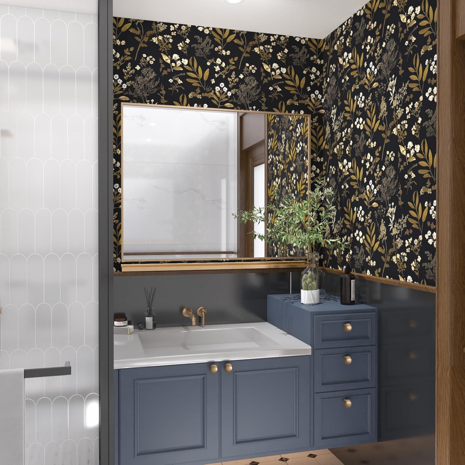 Laatse Vintage Wallpaper Peel and Stick Black Floral Wallpaper 17.5'' x 393'' Gold Leaf Contact Paper Vinyl Waterproof Self Adhesive Boho Botanical Wall Paper for Bedroom Shlef Cabinet Décor