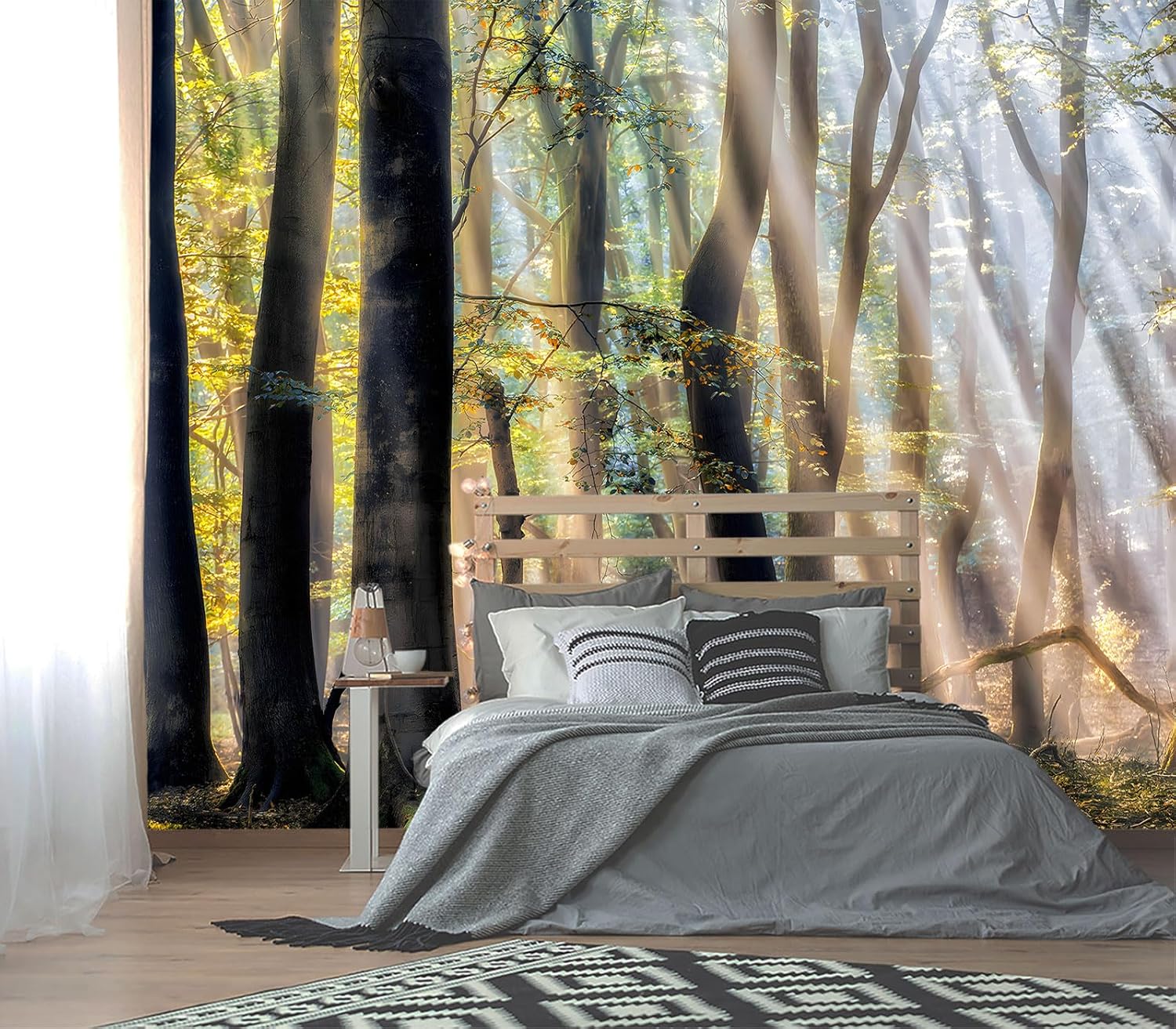 XMPMBM-Cartoon Hand-Painted Animals Woodland Nursery Room Fabric Wallpaper Graffiti Pine Forest Kids Gaming Room Wall Mural-W 88" X H 59"（36 Square Foot）