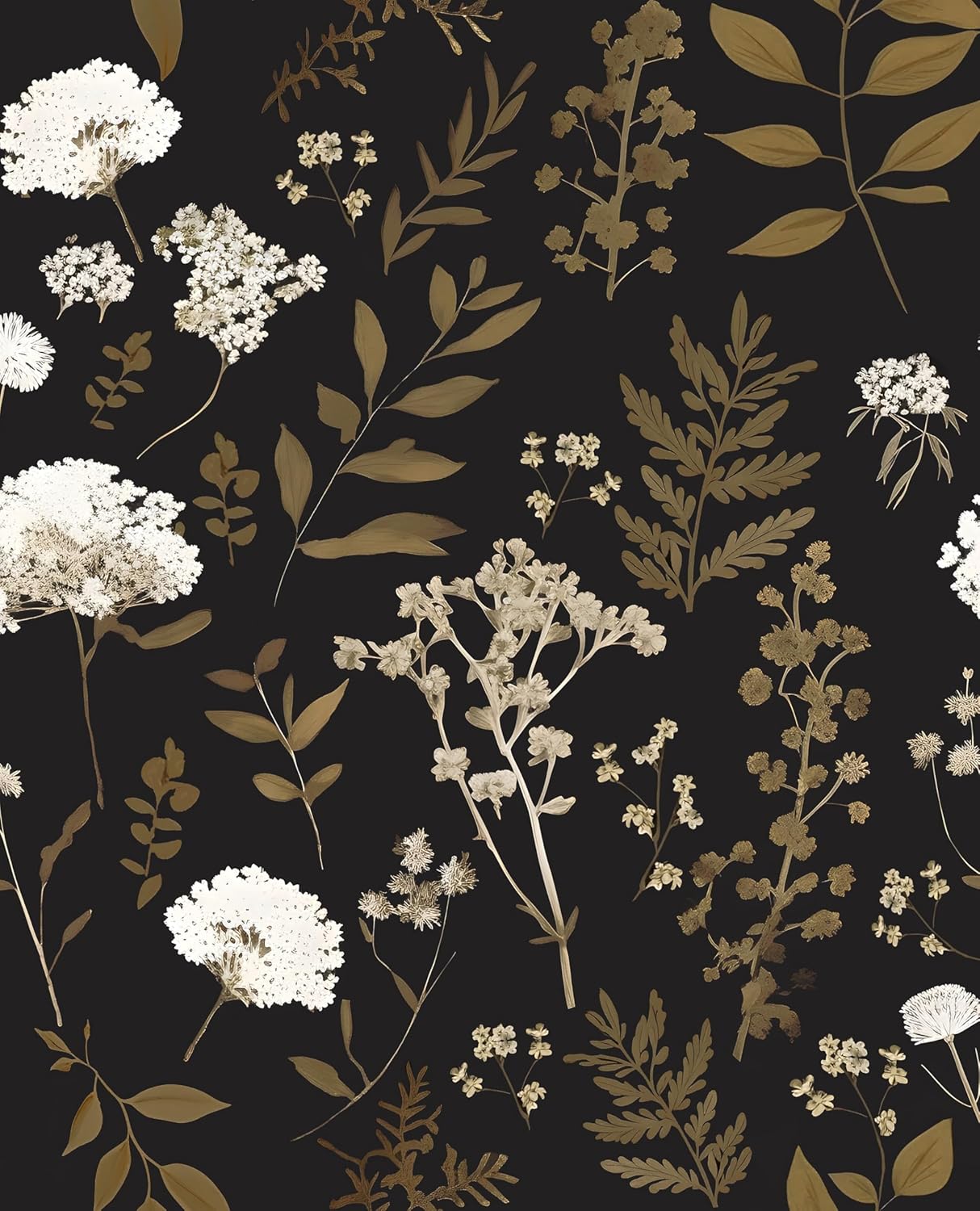 Laatse Vintage Wallpaper Peel and Stick Black Floral Wallpaper 17.5'' x 393'' Gold Leaf Contact Paper Vinyl Waterproof Self Adhesive Boho Botanical Wall Paper for Bedroom Shlef Cabinet Décor