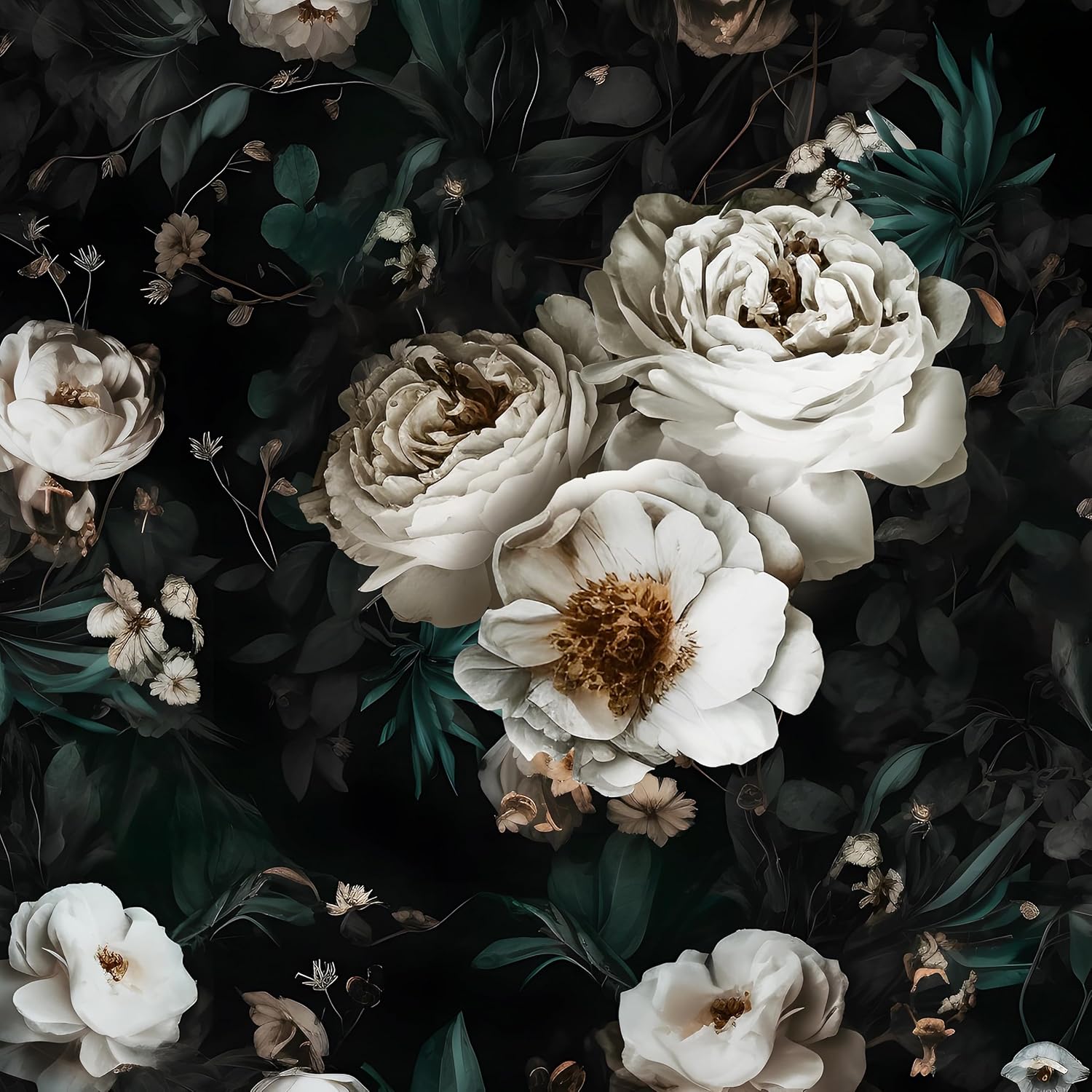 Laatse Black Golden Floral Peel and Stick Wallpaper Flowers Contact Paper 17.5" x 393" Self Adhesive Waterproof Vintage Dark Floral Wall Paper for Shelf Liner Cabinet Decor