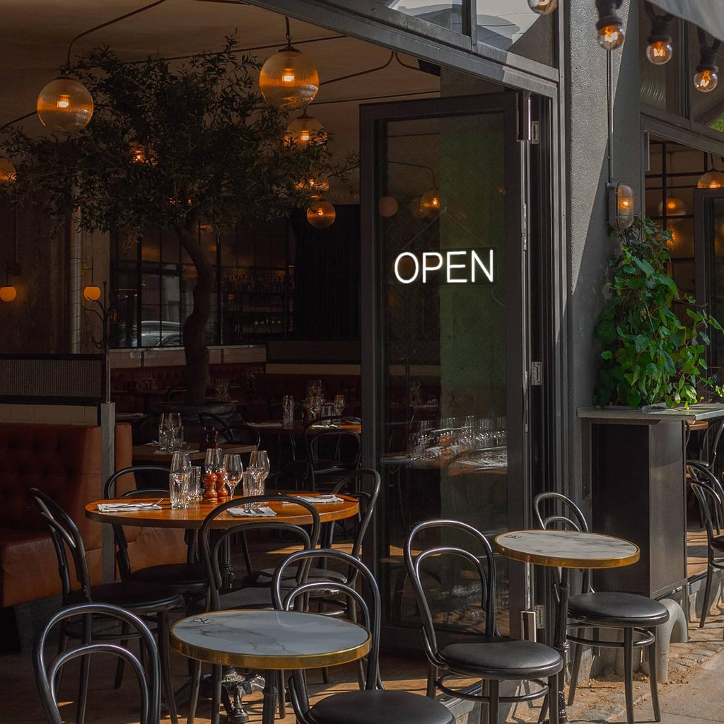 HiNeon White Neon Open Sign 20inx7in LED Light w/Remote Controller, Electric Light Up Open Sign for Business Store, w/Hanging Chain for Shop Windows, Direct Plug-In w/ 12V Power Adapter