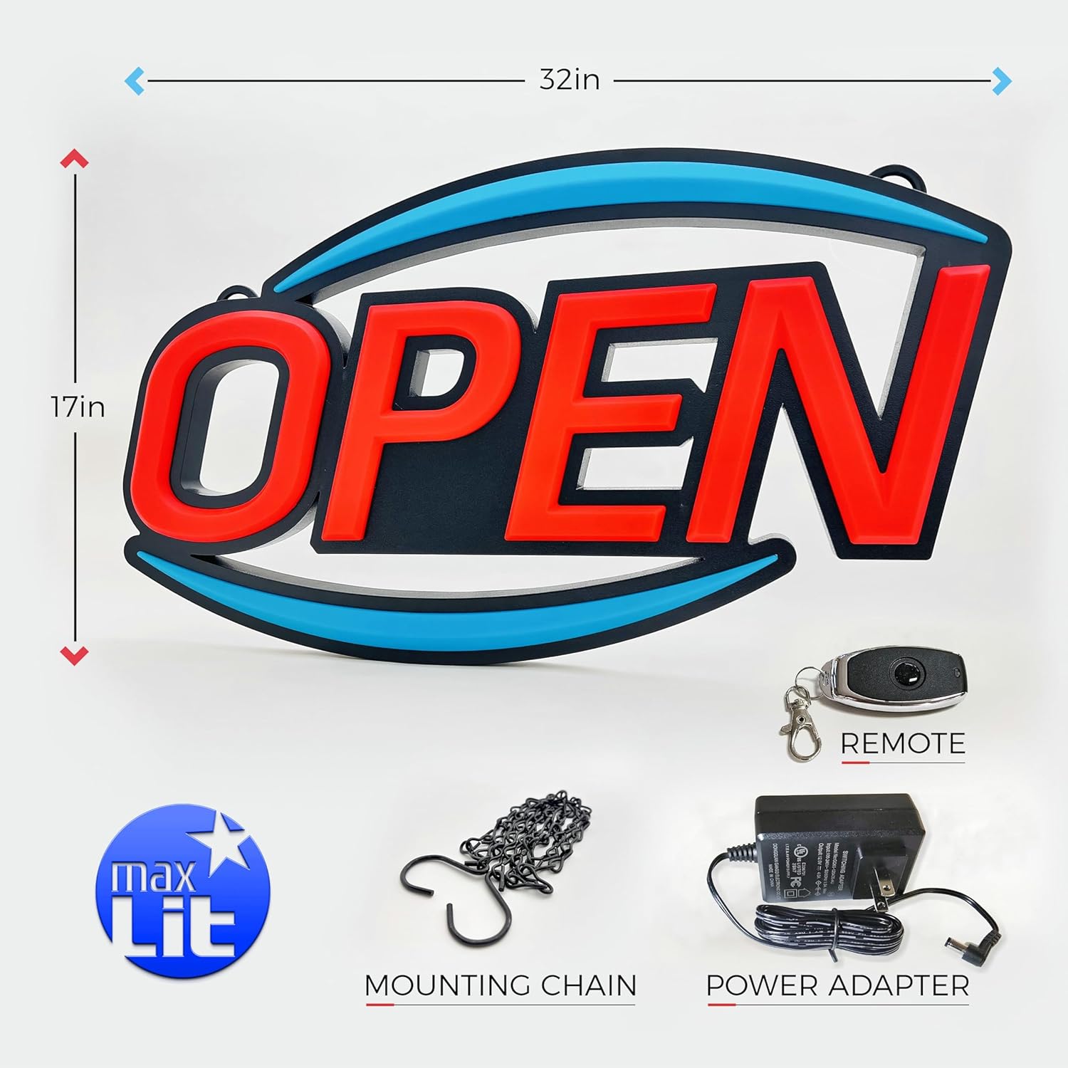 MaxLit 32'' X 17'' New Jumbo ULTRA BRIGHT LED Open Sign — Remote Controlled — Dynamic Light Modes — Enhance Your Business Presence [Red/Blue]