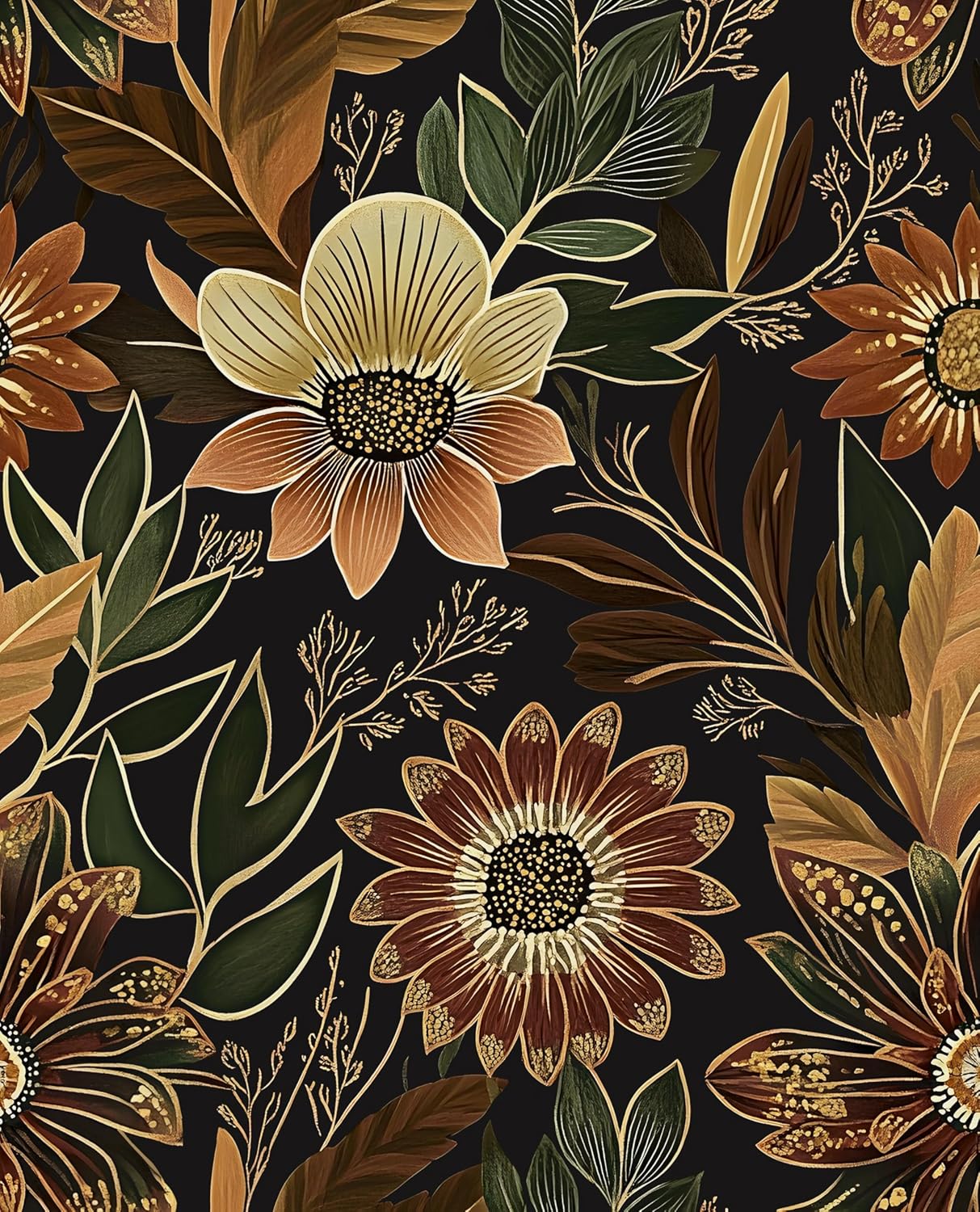 Laatse Dark Wallpapr Peel and Stick Boho Wallpaper 17.5in x 393in Black Floral Contact Paper Waterproof Self Adhesive Vintage Large Floral Wall Paper for Bedroom Walls Cabinet Decor