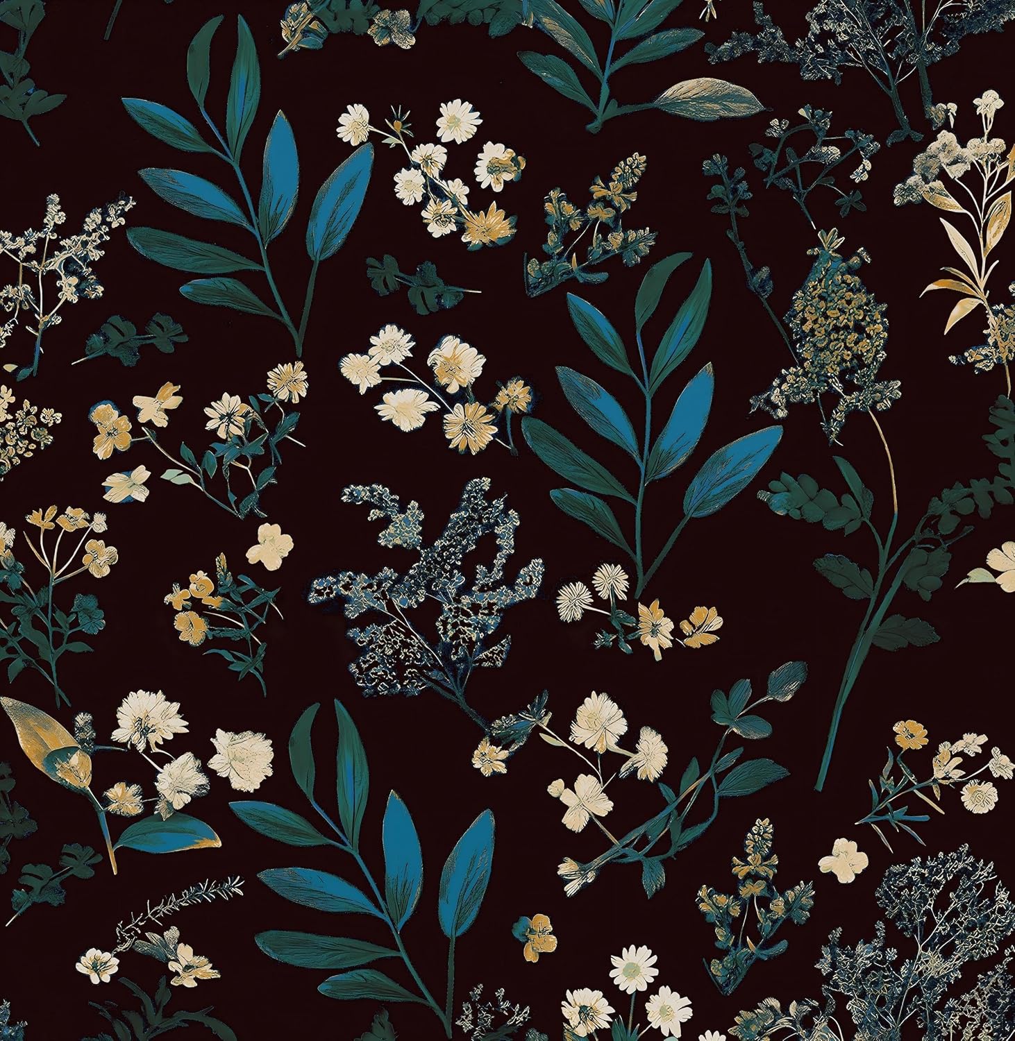 Laatse Vintage Wallpaper Peel and Stick Black Floral Wallpaper 17.5'' x 393'' Gold Leaf Contact Paper Vinyl Waterproof Self Adhesive Boho Botanical Wall Paper for Bedroom Shlef Cabinet Décor