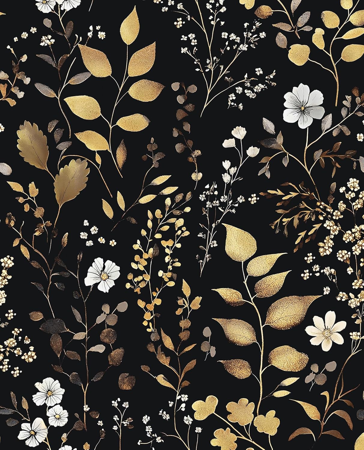 Laatse Vintage Wallpaper Peel and Stick Black Floral Wallpaper 17.5'' x 393'' Gold Leaf Contact Paper Vinyl Waterproof Self Adhesive Boho Botanical Wall Paper for Bedroom Shlef Cabinet Décor