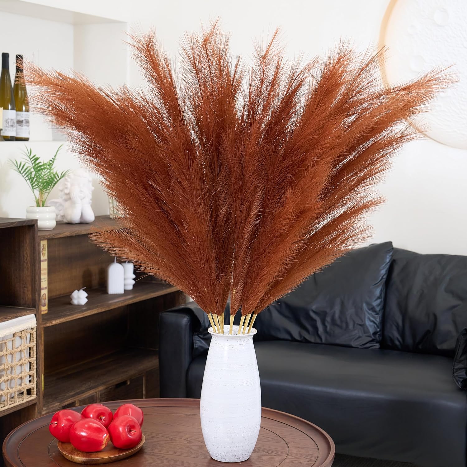 Premium Faux Burnt Orange Pampas Grass – 43.3″ Tall Fluffy Decor, No Assembly 18-Branch One-Piece Stems, Luxury Silk-Feel Feather Flowers for Boho Wedding Home Decor (Faux Burnt Orange, 8pcs 110cm)