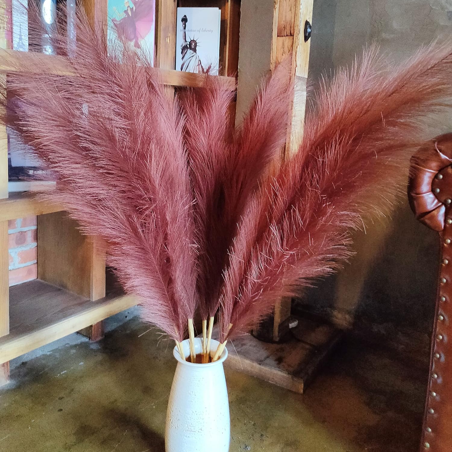 Premium Faux Burnt Orange Pampas Grass – 43.3″ Tall Fluffy Decor, No Assembly 18-Branch One-Piece Stems, Luxury Silk-Feel Feather Flowers for Boho Wedding Home Decor (Faux Burnt Orange, 8pcs 110cm)