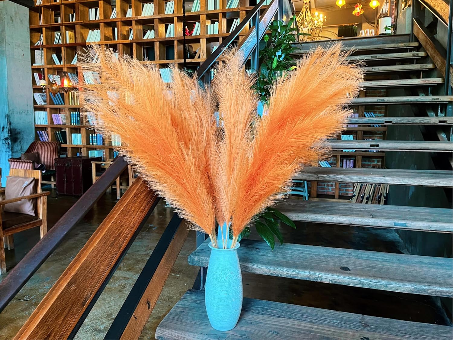 Premium Faux Burnt Orange Pampas Grass – 43.3″ Tall Fluffy Decor, No Assembly 18-Branch One-Piece Stems, Luxury Silk-Feel Feather Flowers for Boho Wedding Home Decor (Faux Burnt Orange, 8pcs 110cm)