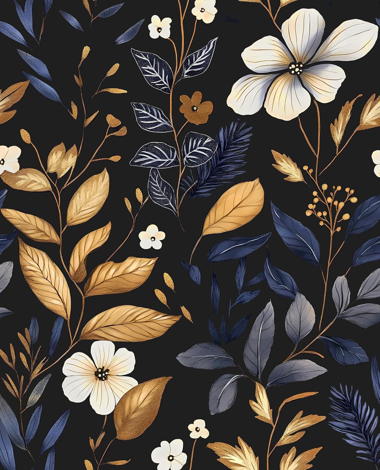 Laatse Vintage Wallpaper Peel and Stick Black Floral Wallpaper 17.5'' x 393'' Gold Leaf Contact Paper Vinyl Waterproof Self Adhesive Boho Botanical Wall Paper for Bedroom Shlef Cabinet Décor