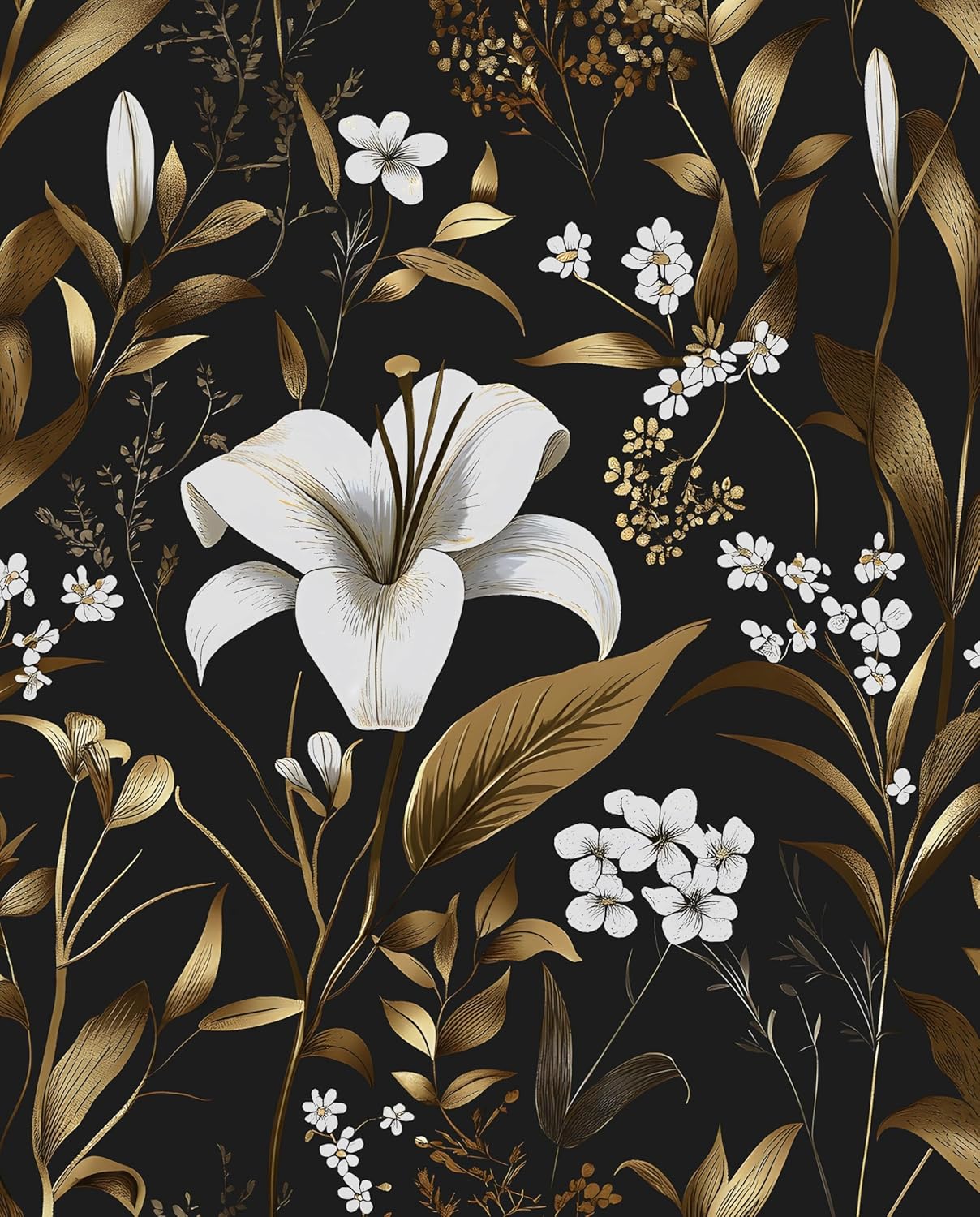 Laatse Vintage Wallpaper Peel and Stick Black Floral Wallpaper 17.5'' x 393'' Gold Leaf Contact Paper Vinyl Waterproof Self Adhesive Boho Botanical Wall Paper for Bedroom Shlef Cabinet Décor