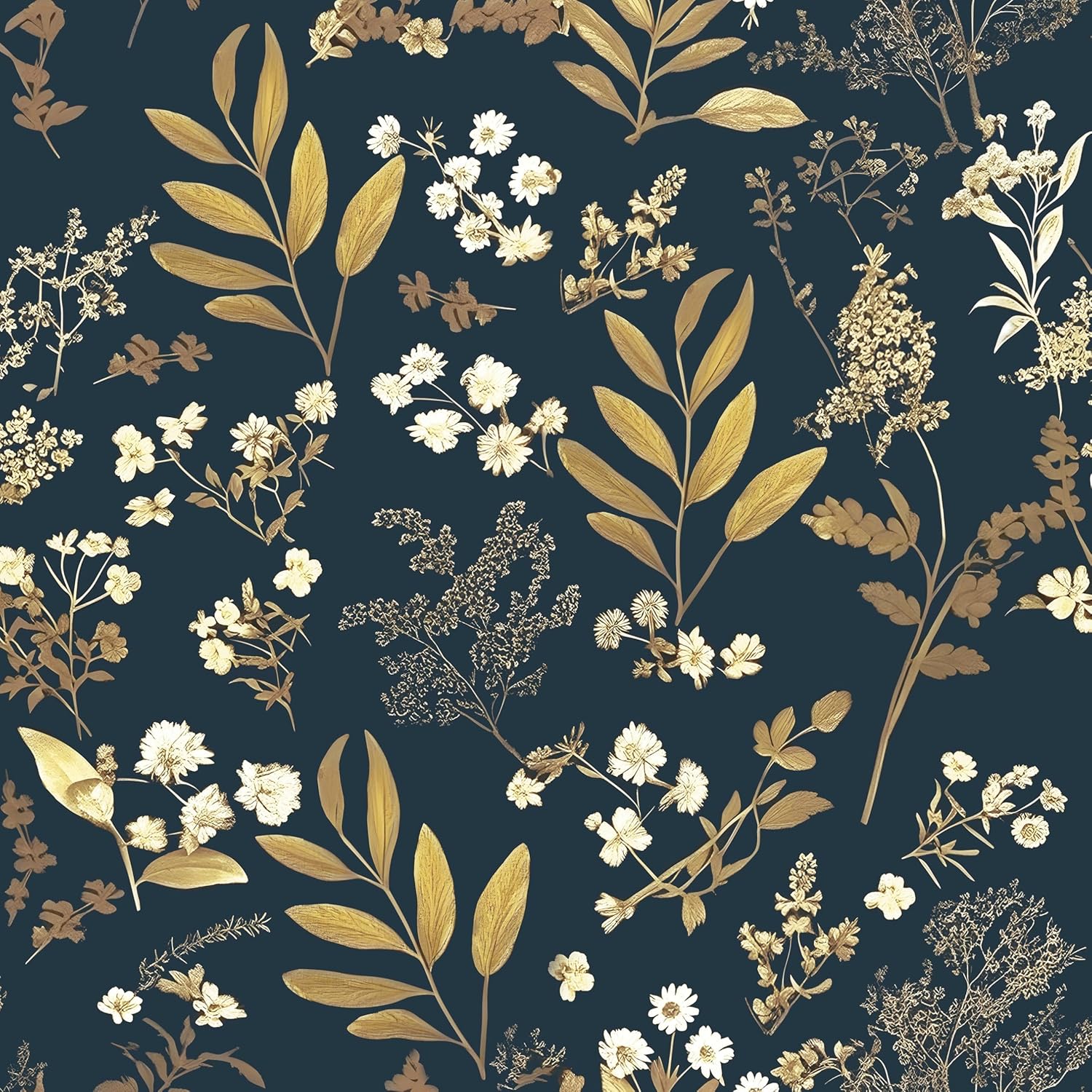 Laatse Vintage Wallpaper Peel and Stick Black Floral Wallpaper 17.5'' x 393'' Gold Leaf Contact Paper Vinyl Waterproof Self Adhesive Boho Botanical Wall Paper for Bedroom Shlef Cabinet Décor