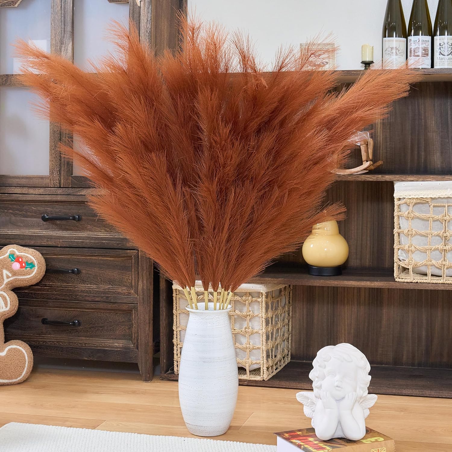 Premium Faux Burnt Orange Pampas Grass – 43.3″ Tall Fluffy Decor, No Assembly 18-Branch One-Piece Stems, Luxury Silk-Feel Feather Flowers for Boho Wedding Home Decor (Faux Burnt Orange, 8pcs 110cm)