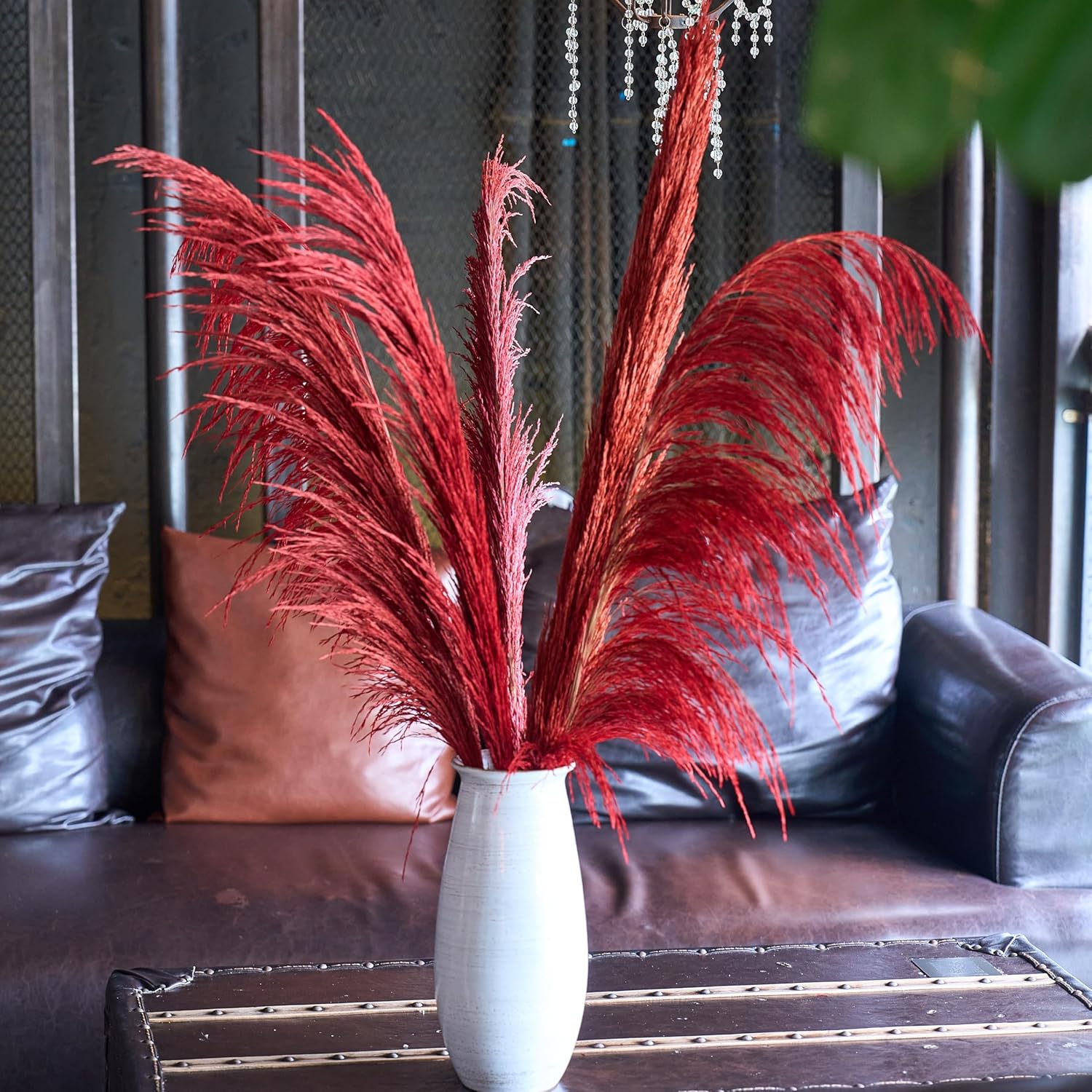 Premium Faux Burnt Orange Pampas Grass – 43.3″ Tall Fluffy Decor, No Assembly 18-Branch One-Piece Stems, Luxury Silk-Feel Feather Flowers for Boho Wedding Home Decor (Faux Burnt Orange, 8pcs 110cm)