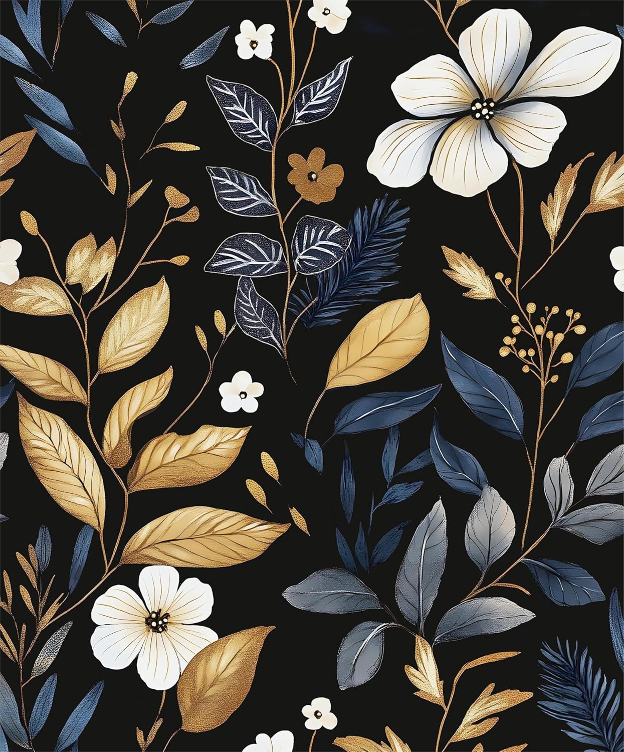 Laatse Vintage Wallpaper Peel and Stick Black Floral Wallpaper 17.5'' x 393'' Gold Leaf Contact Paper Vinyl Waterproof Self Adhesive Boho Botanical Wall Paper for Bedroom Shlef Cabinet Décor