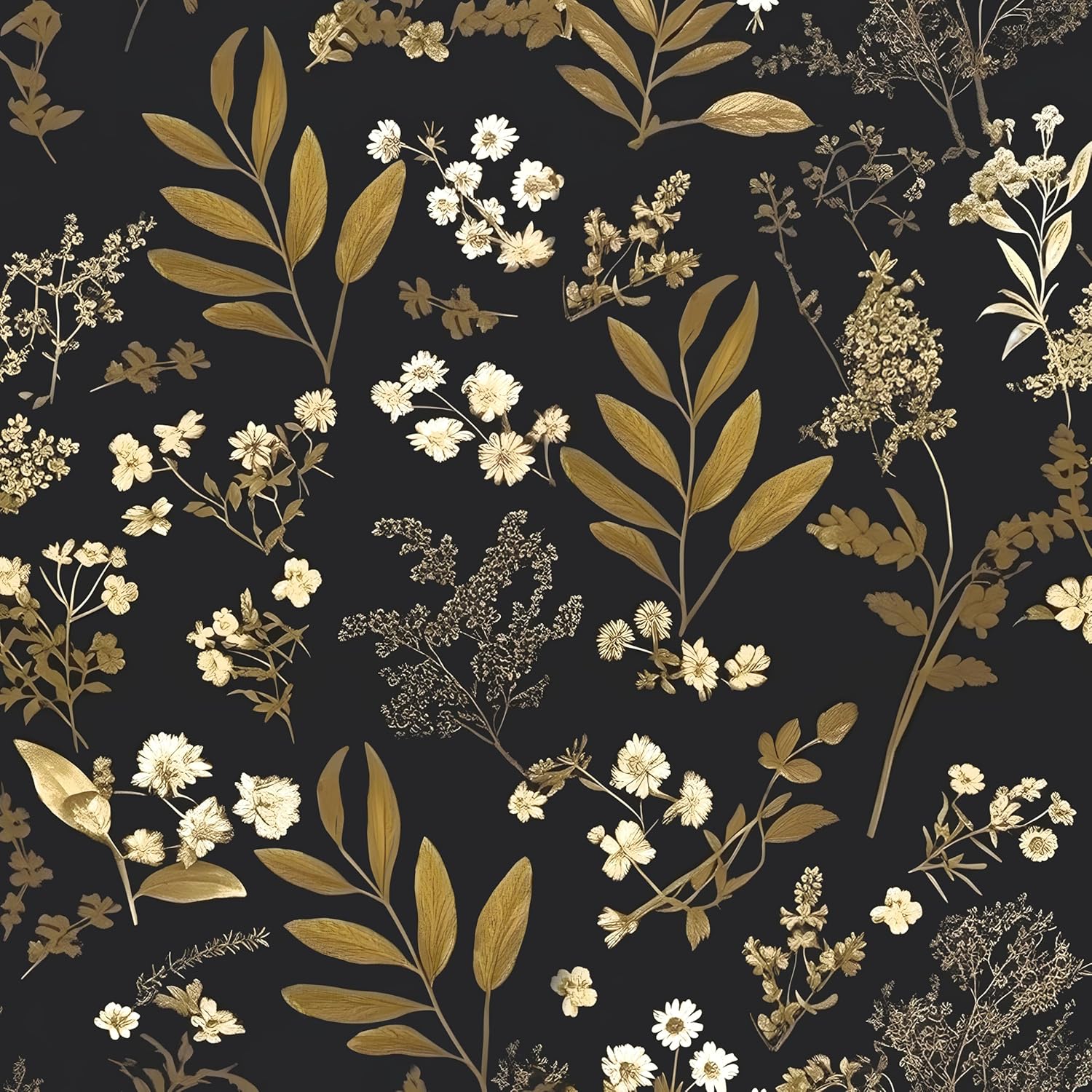 Laatse Vintage Wallpaper Peel and Stick Black Floral Wallpaper 17.5'' x 393'' Gold Leaf Contact Paper Vinyl Waterproof Self Adhesive Boho Botanical Wall Paper for Bedroom Shlef Cabinet Décor