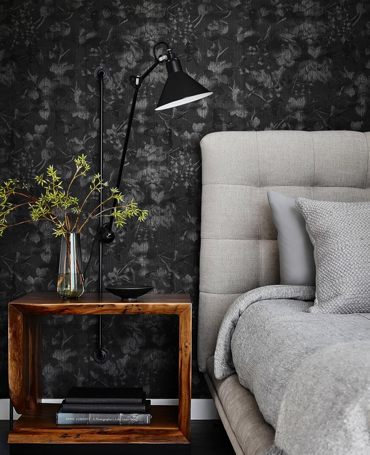 Erfoni 394"x15.7" Black Floral Embossed Wallpaper for Bedroom Decorative DIY Peel and Stick Wallpaper Flower Textured Removable Contact Paper Vintage Pure Black Self Adhesive Wall Paper Vinyl Roll