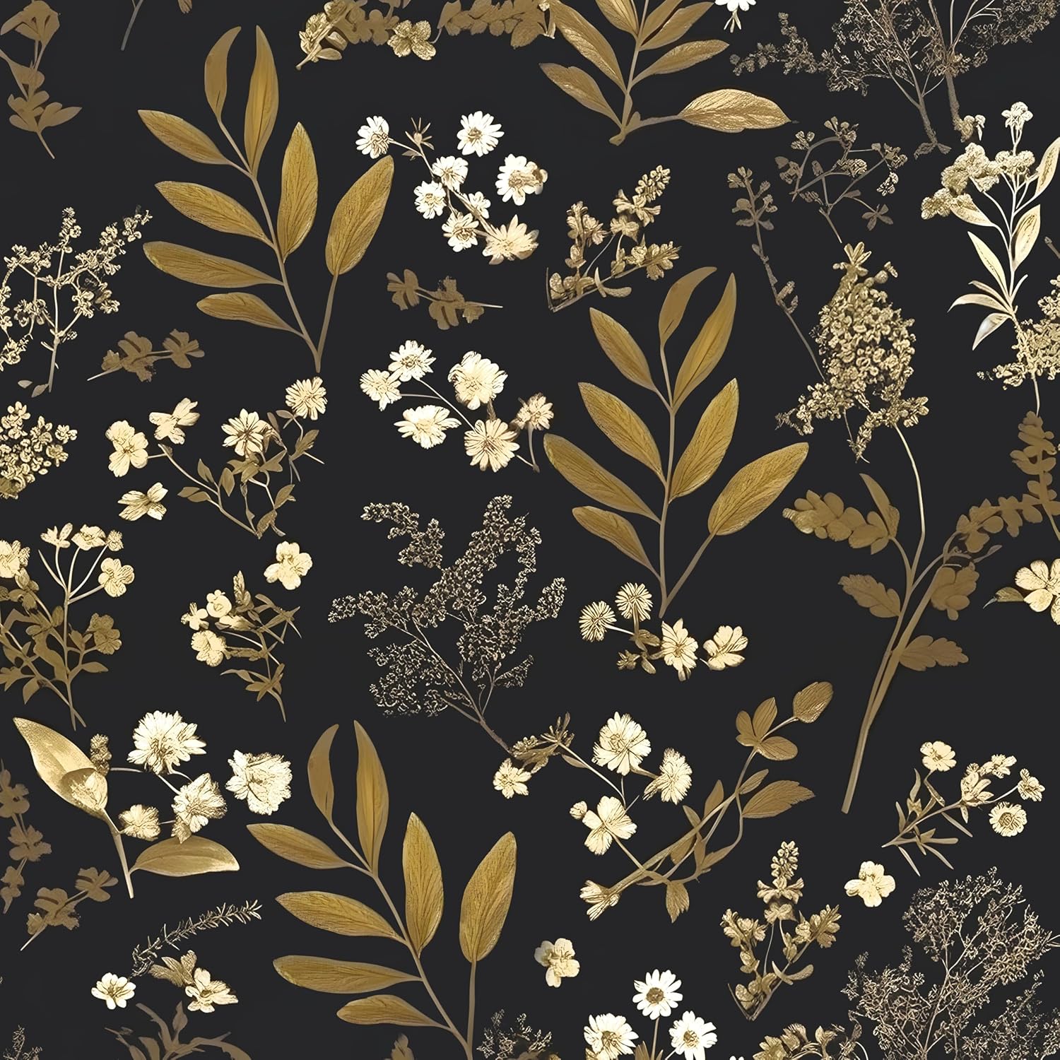 Laatse Vintage Wallpaper Peel and Stick Black Floral Wallpaper 17.5'' x 393'' Gold Leaf Contact Paper Vinyl Waterproof Self Adhesive Boho Botanical Wall Paper for Bedroom Shlef Cabinet Décor