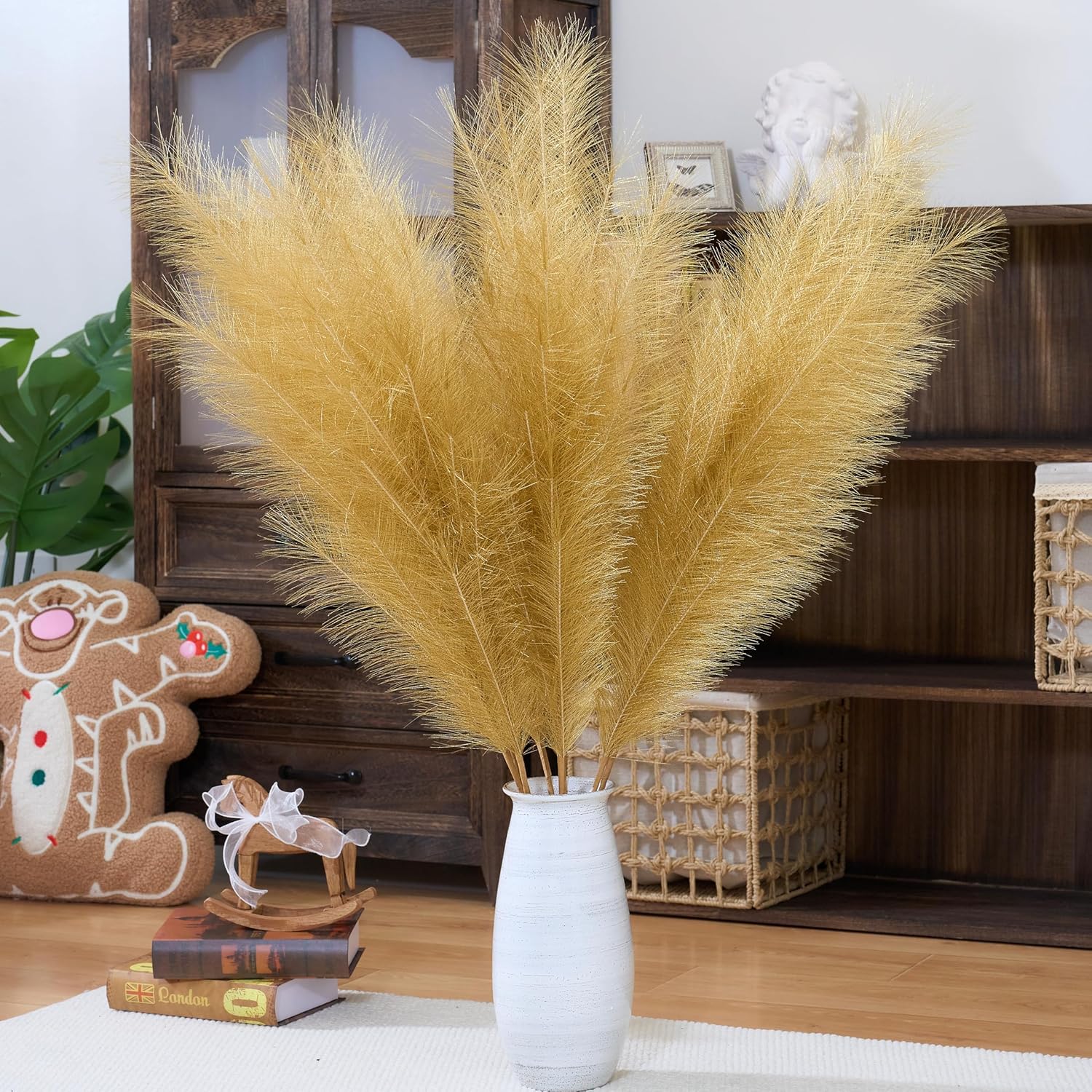 Premium Faux Burnt Orange Pampas Grass – 43.3″ Tall Fluffy Decor, No Assembly 18-Branch One-Piece Stems, Luxury Silk-Feel Feather Flowers for Boho Wedding Home Decor (Faux Burnt Orange, 8pcs 110cm)
