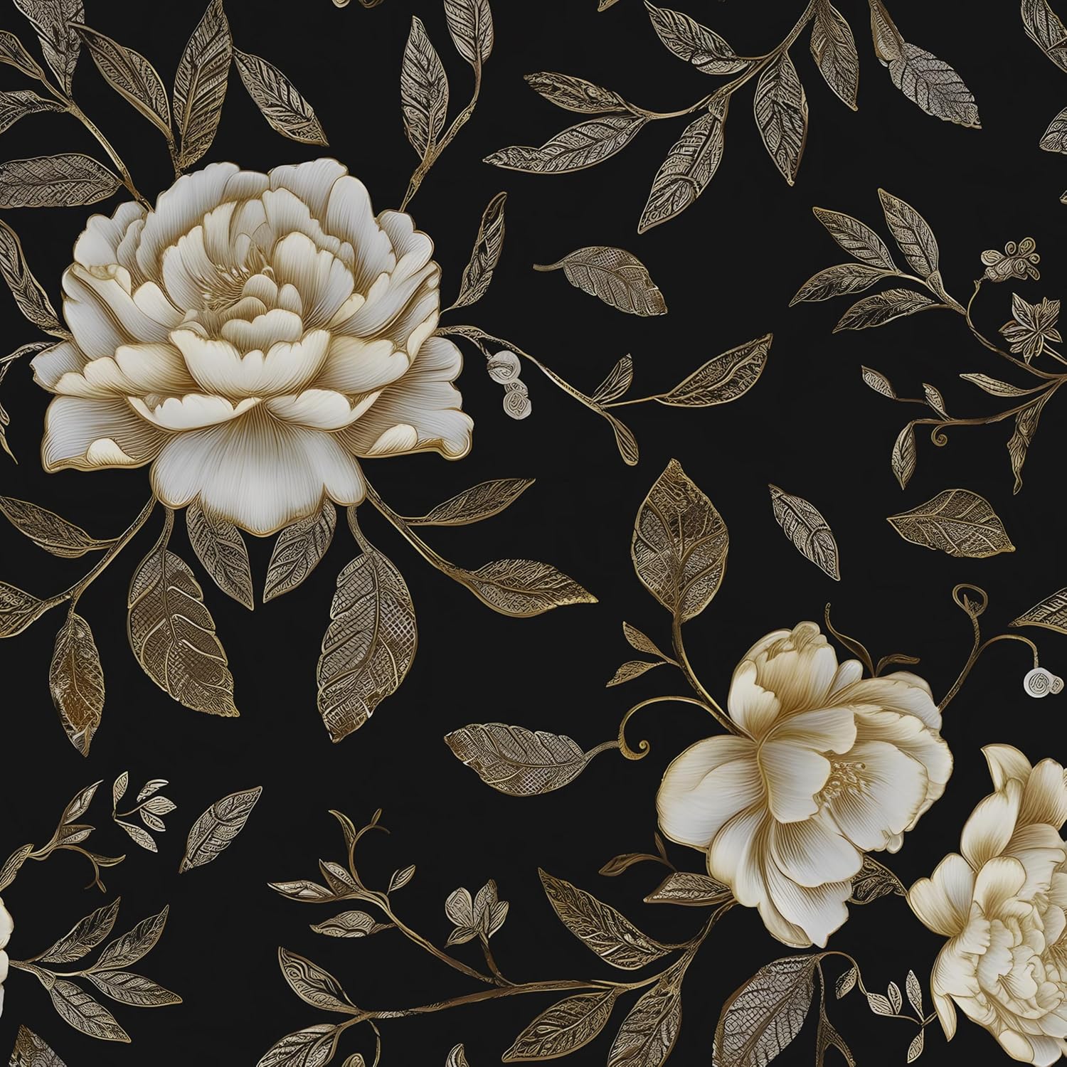 Laatse Black Golden Floral Peel and Stick Wallpaper Flowers Contact Paper 17.5" x 393" Self Adhesive Waterproof Vintage Dark Floral Wall Paper for Shelf Liner Cabinet Decor