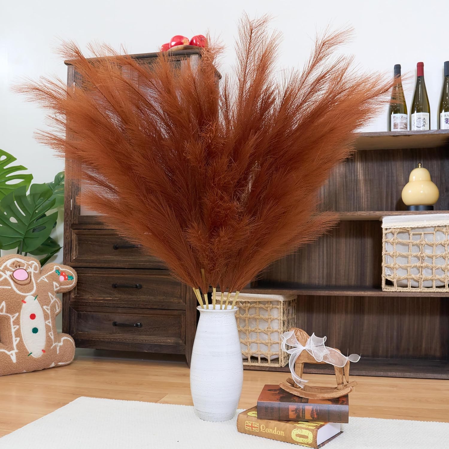Premium Faux Burnt Orange Pampas Grass – 43.3″ Tall Fluffy Decor, No Assembly 18-Branch One-Piece Stems, Luxury Silk-Feel Feather Flowers for Boho Wedding Home Decor (Faux Burnt Orange, 8pcs 110cm)